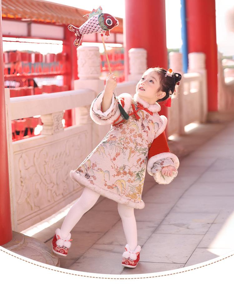 Girls' Winter Hanfu Cheongsam: Fleece-Lined Cotton Dress for Baby's First Birthday