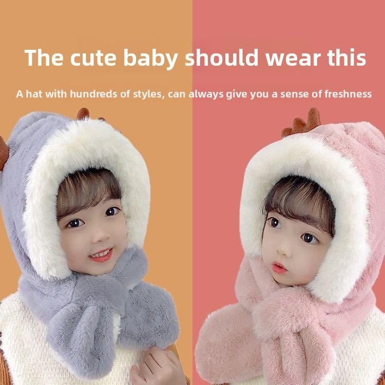 Unisex Kids Deer Antler Hat Scarf 2 In 1 Set Winter Thickened Windproof Thermal Cap Neck Warmer Baby Toddler Gift
