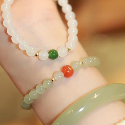 Hetian Jade Bracelet with Round Beads In White and Light Green, Simple and Elegant, a Gift for Women
