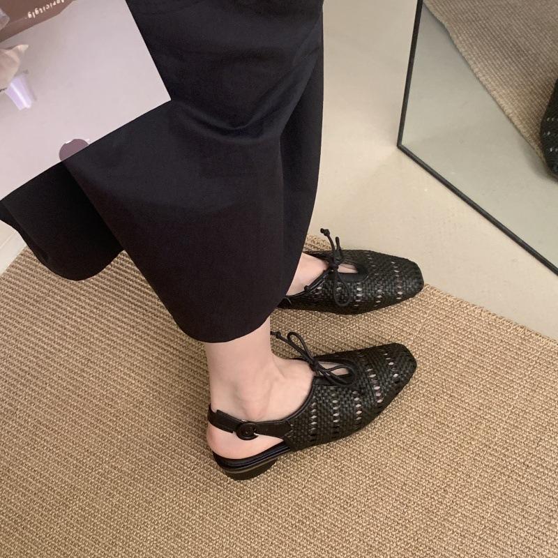 Fashion Retro Hollow Woven Low Heel Pumps Women Fashion Back Strap Buckle Mules Shoes Elegant Lace Up Brand Designer Shoes Zapatos Mujer