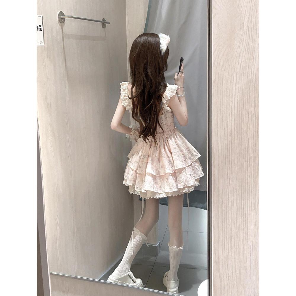 French sweet floral small flying sleeve dress summer new waist thin thousand gold wind splicing tutu skirt short skirt