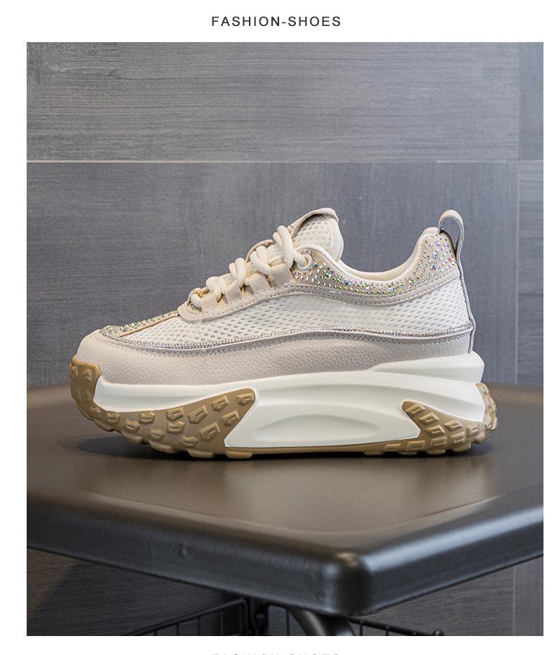 Breathable Mesh Rhinestone Thick-Soled White Dad Sneakers for Women