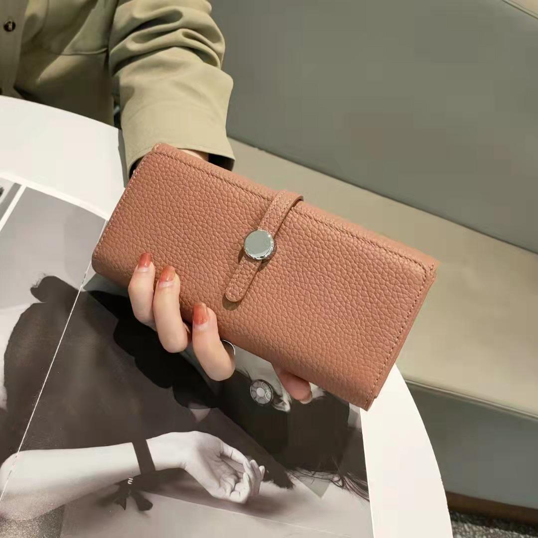 

2024 Длинные женские кошельки из натуральной кожи, брендовый дизайн, клатч, отличный бумажник из телячьей кожи, держатель для карт, клатчи для сотового телефона розовый