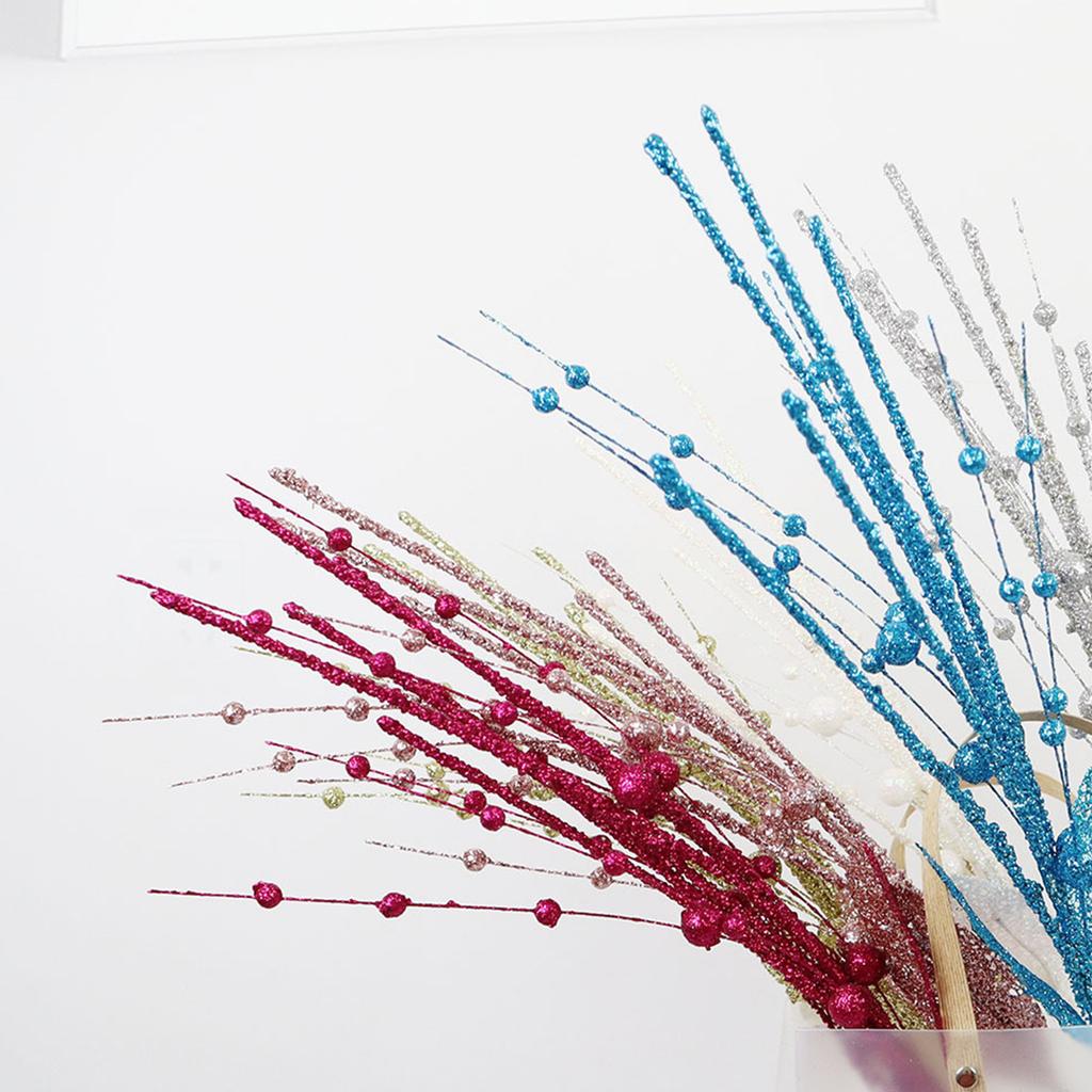 60cm 6 Prong Artificial Glitter Berry Stem with 2 Leaves Xmas Glitter Pick for Home Decor Table Centerpieces