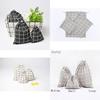 Cotton Linen Grid Storage Bag With Drawstring For Travel And Home Organization