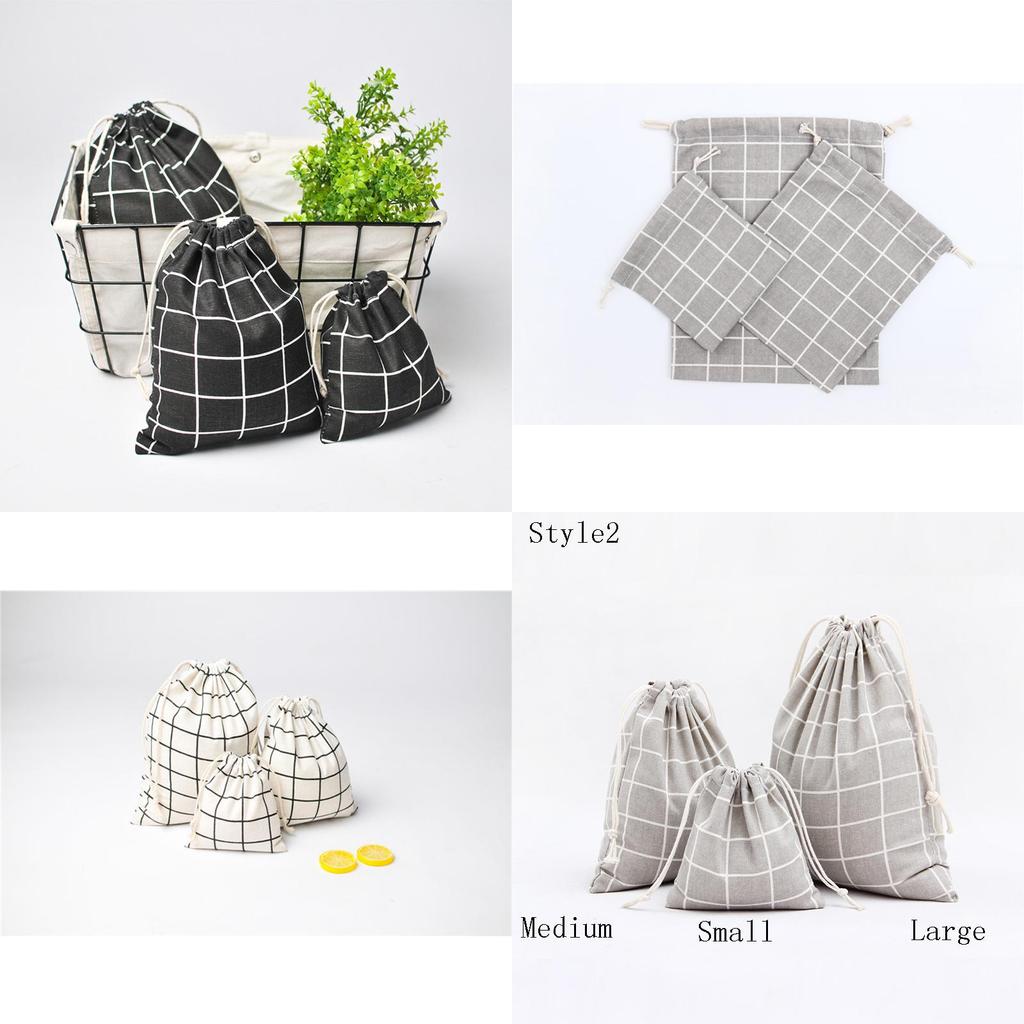 Cotton Linen Grid Storage Bag With Drawstring For Travel And Home Organization