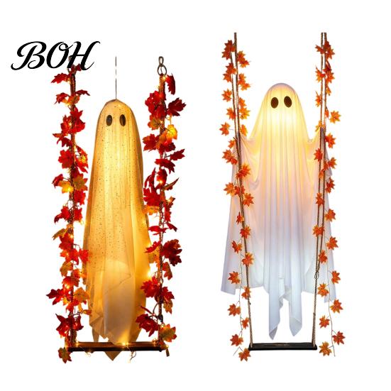 Fantasma di Tessuto Realistico Luminoso Appeso Oscillante Decorazione di Halloween con Telecomando, Grande Bianco Spettrale Ornamento Decorazione Giardino Esterno Foglie d'Acero