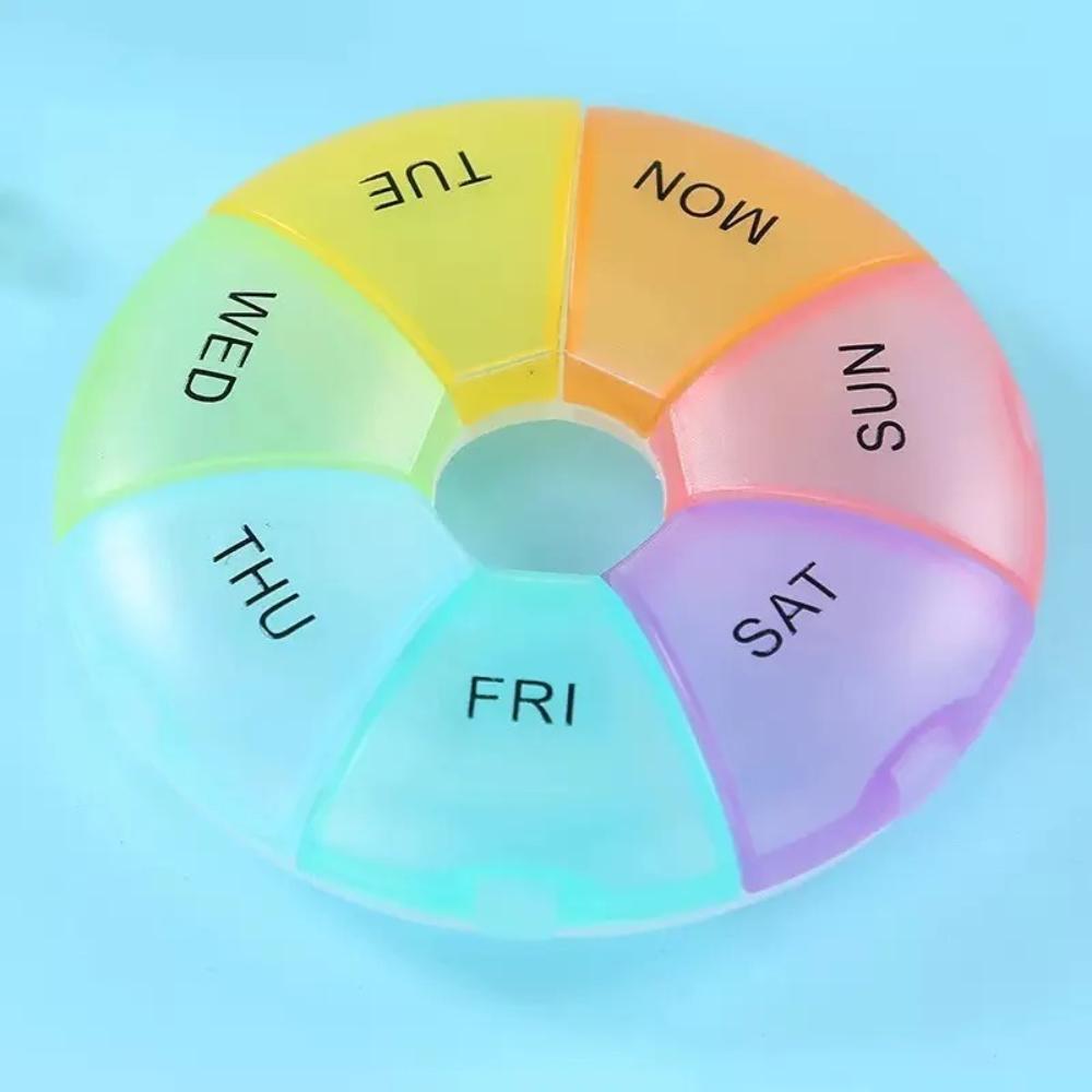 New Hot Premuim Small 7-Day Round Portable Pill Box Travel Medicine Organizer Secure Seal for Vitamins Supplements Fish Oils