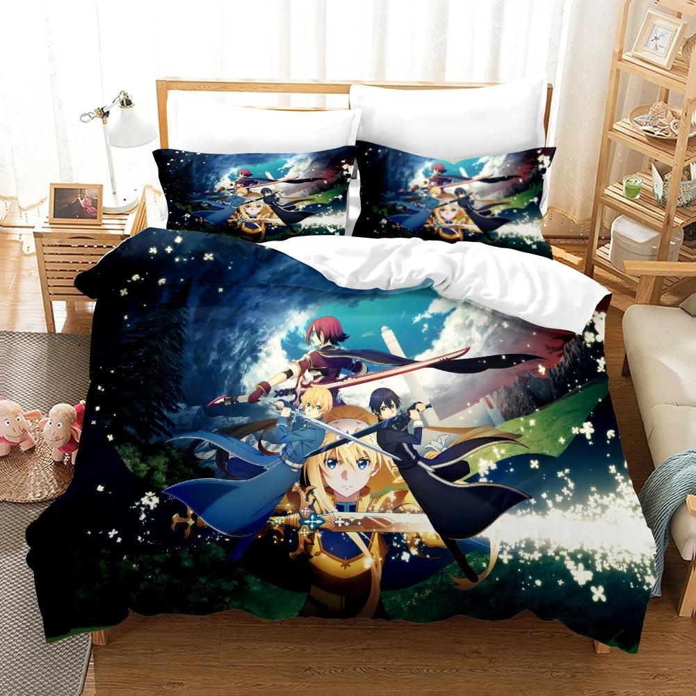 High Quality 3D Digital Printed Sword Art Online Pattern Duvet Cover with Pillow Cover Bedding Set Anime Bed Set Bedroom Deocr
