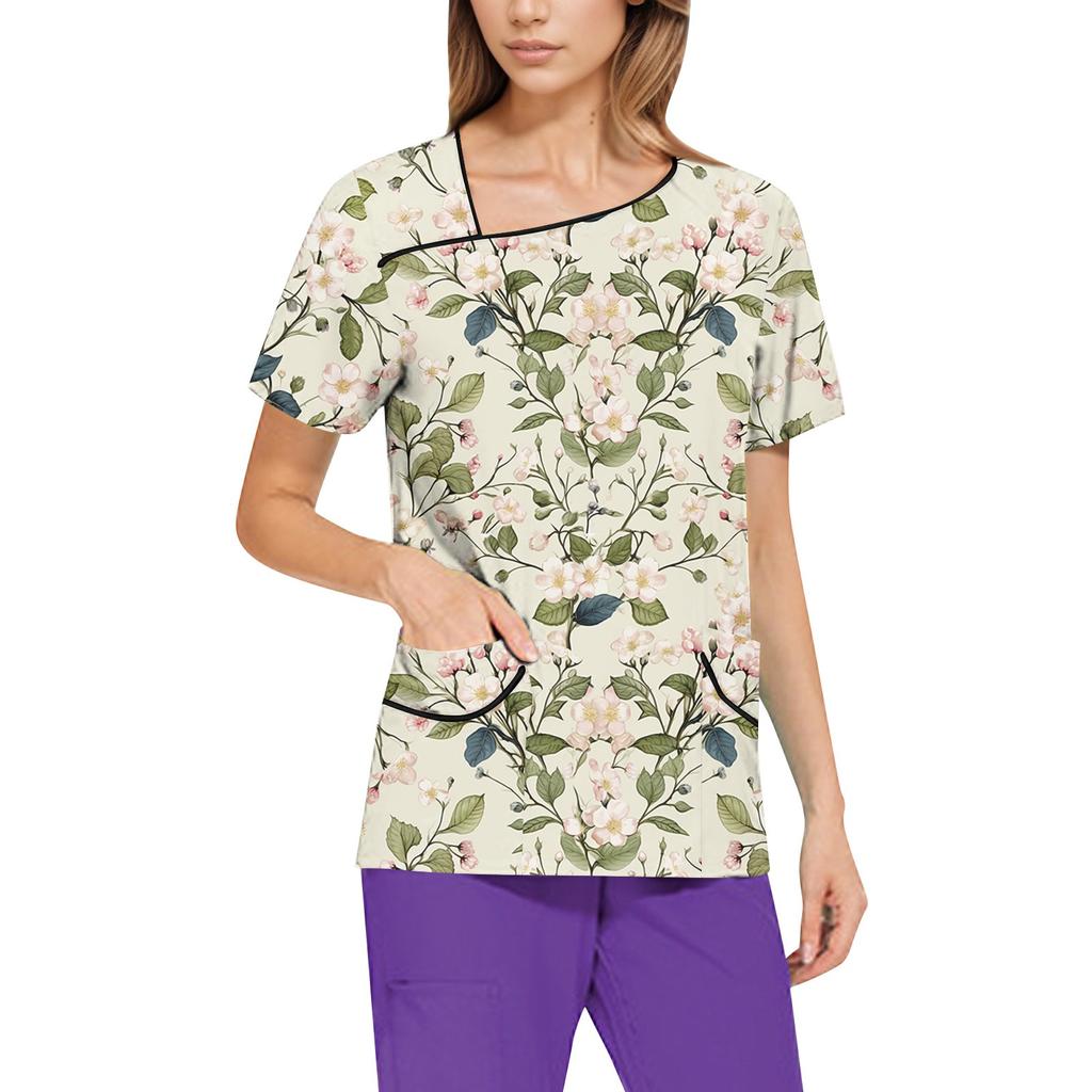 Women's Printed Work Clothes, Sloping Collar And Double Layer Pockets, Basic Top Pullover
