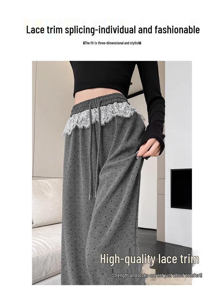 Black Polka Dot High Waist Lace Trim Wide Leg Sporty Pants for Women - Slimming, Casual, Spring/Autumn 2025