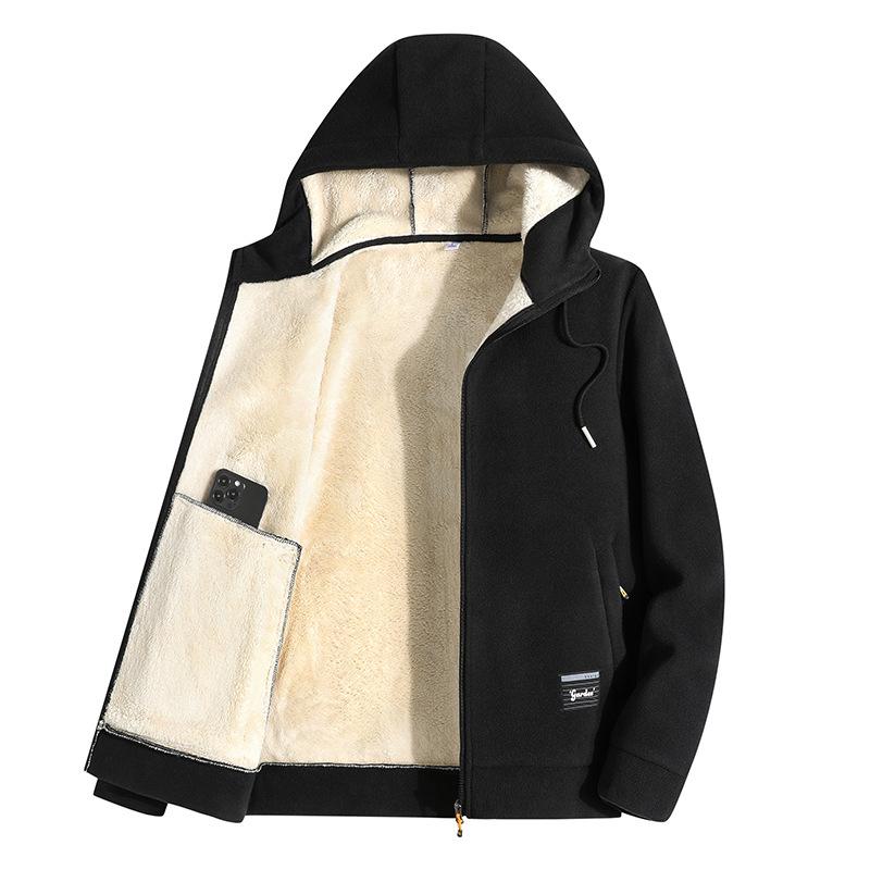Lamb Fleece Plus Plus Men's Hooded Jacket for Autumn and Winter Sports and Leisure, with Fleece Warm Top