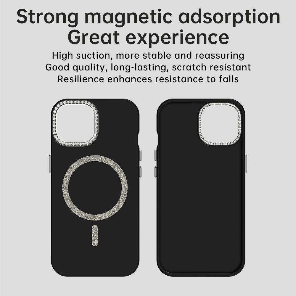 For iPhone 15 Case Compatible with MagSafe TPU+PET Phone Cover with Rhinestone Decor Lens Frame