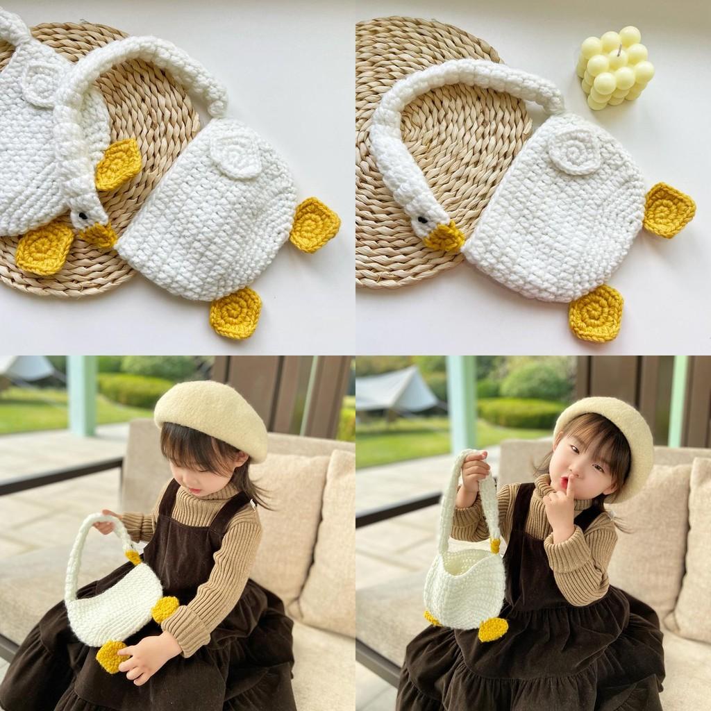 Adorable Korean Style White Goose Knitted Handbag For Kids Perfect For Daily Outings