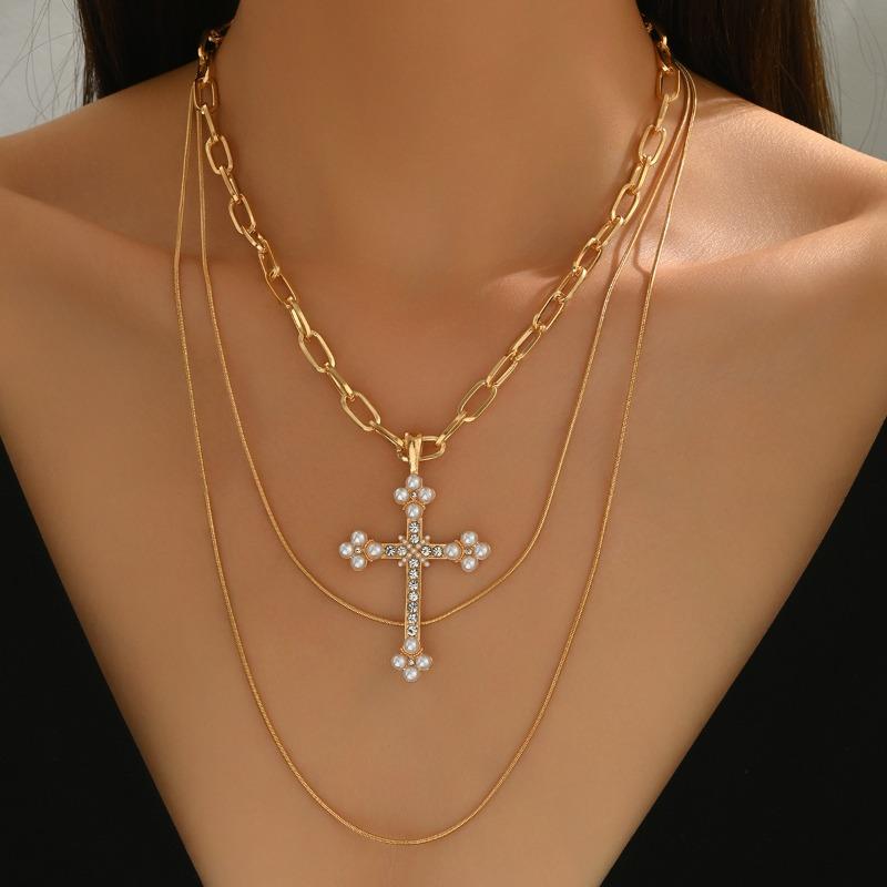 Statement Punk Alloy Diamond-encrusted Cross Pendant Necklace Multi-layered Design Accessory Necklace
