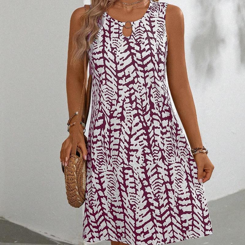 GMXIA Summer Elegant U-Neck Burnt Floral Print Sleeveless Midi Dress with Ring