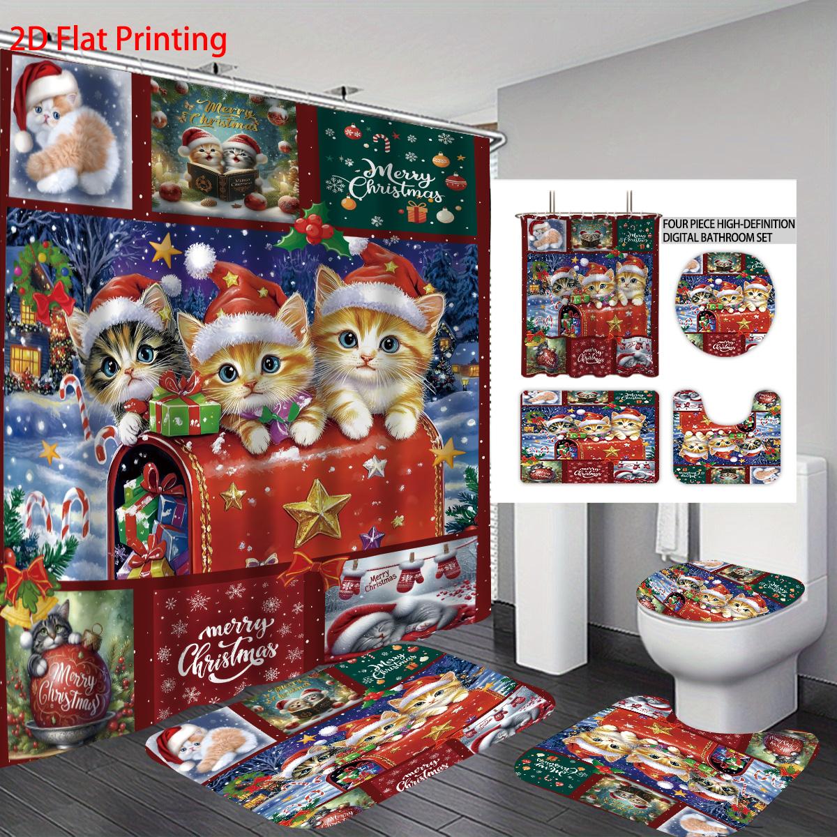 

4pcs Christmas Cat Printed Bathroom Set 180x180 Waterproof Shower Curtain, Floor Mat, U-shaped Mat, and Toilet Mat Regular