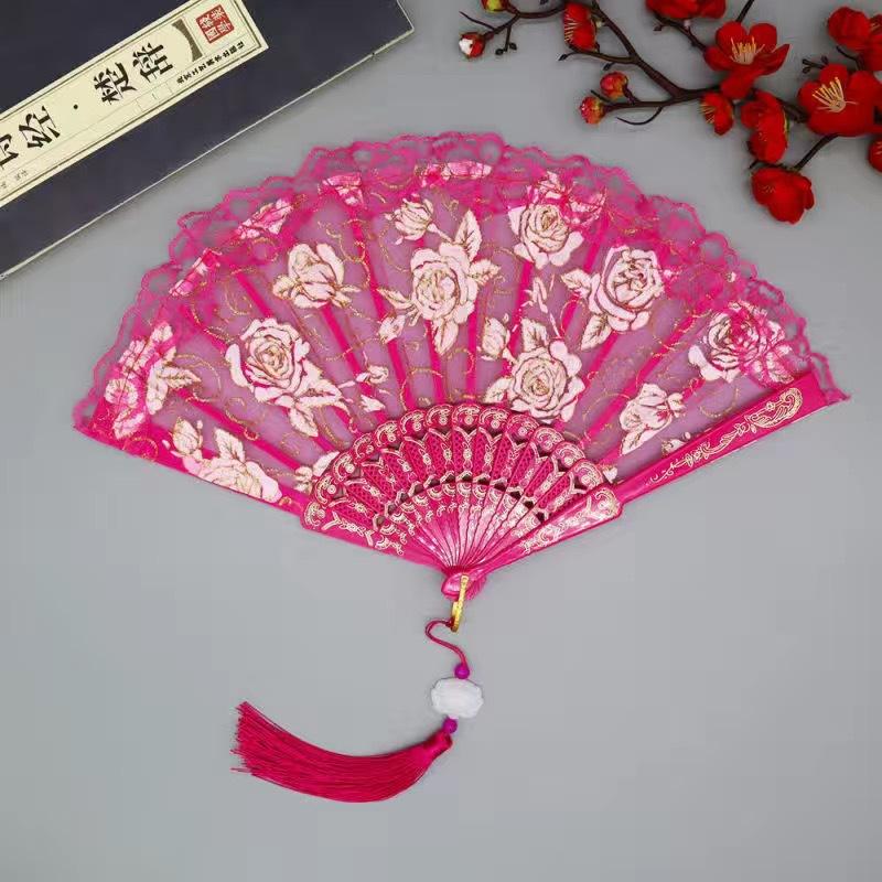 1Pc Chinese Ancient Style Flower Women Folding Fan with Tassel Fringe Hanfu Cheongsam Dance Fan Photo Props Summer Handheld Fan