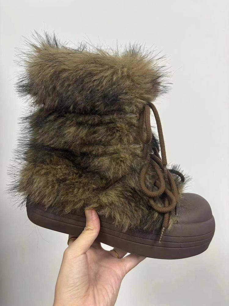 [Merkelig estetikk] Snøstøvler med tykksåle i burstskinn og pels for kvinner, nye sko i fløyel og tykk bomull for høst og vinter