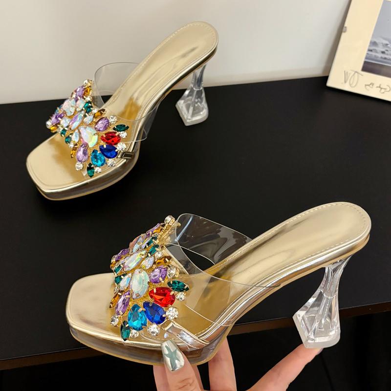 Fashion Eilyken Summer PVC Transparent Square Toe Woman Slippers Fashion Crystal Clear High Heels Shoes Summer Slides Zapatos De Mujer