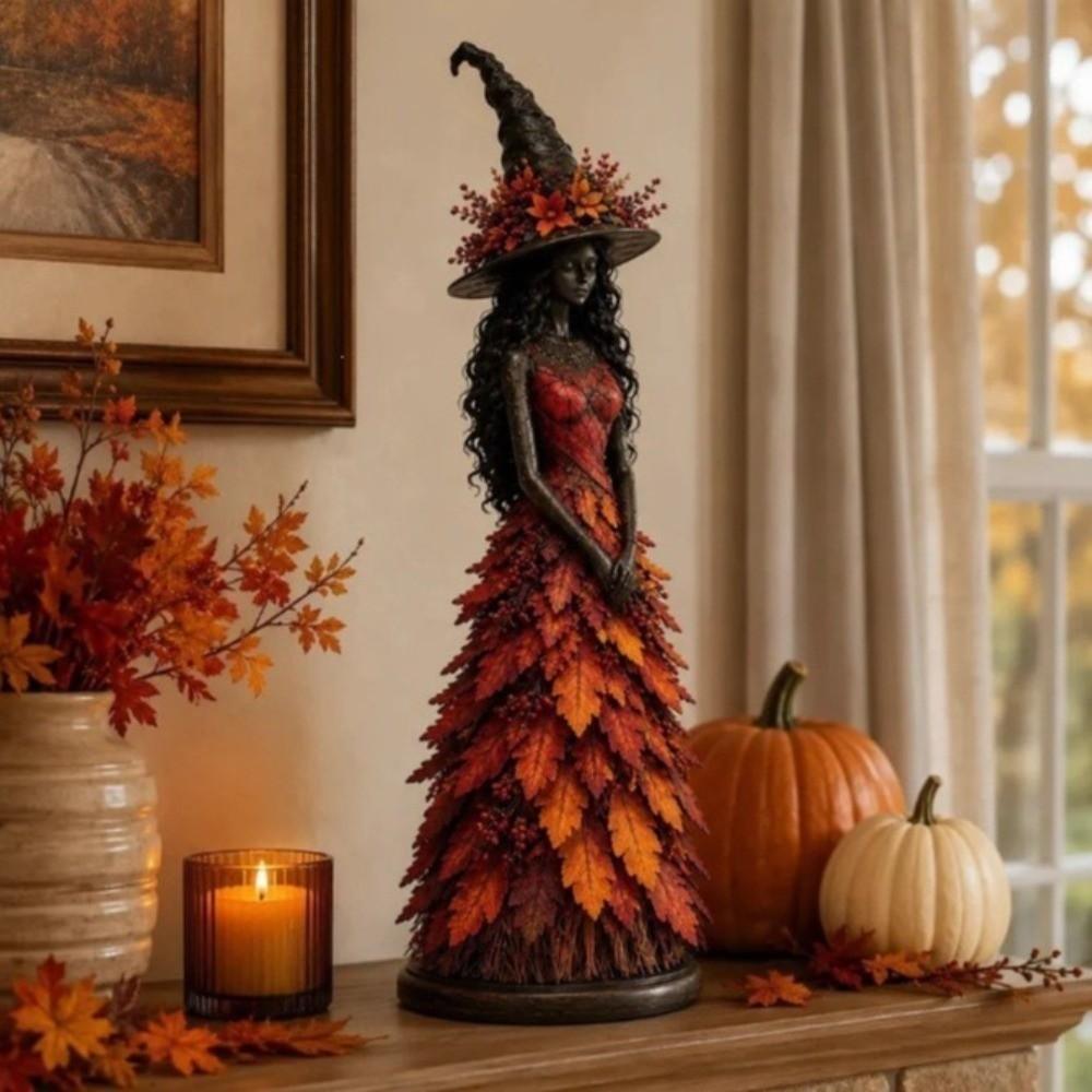 Figurina di Strega Autunnale Rustica Abito di Foglie Strega del Bosco Decorazione da Tavolo Esposizione da Tavolo