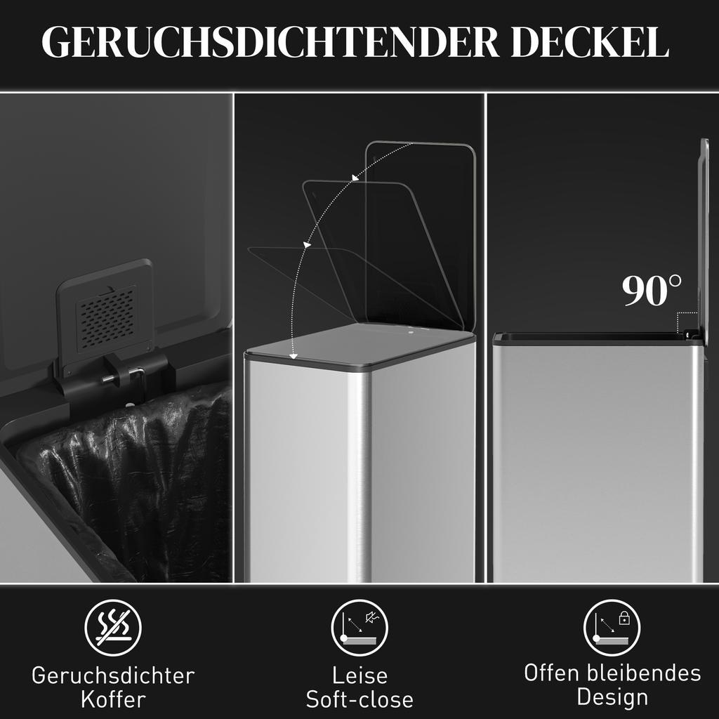 Trash Can 20L, Soft-Close Lid, Deodorant Compartment, Fingerprint-Proof, Stainless Steel, Silver