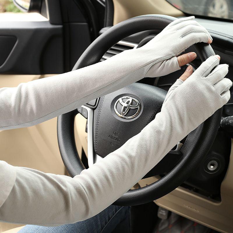 

Summer Driving Sun Protection Gloves Women s Thin Cotton Sunshade Long Leaking Two Fingers Non Slip Cycling Breathable Viscose Fiber Oversleeve Grey All yards