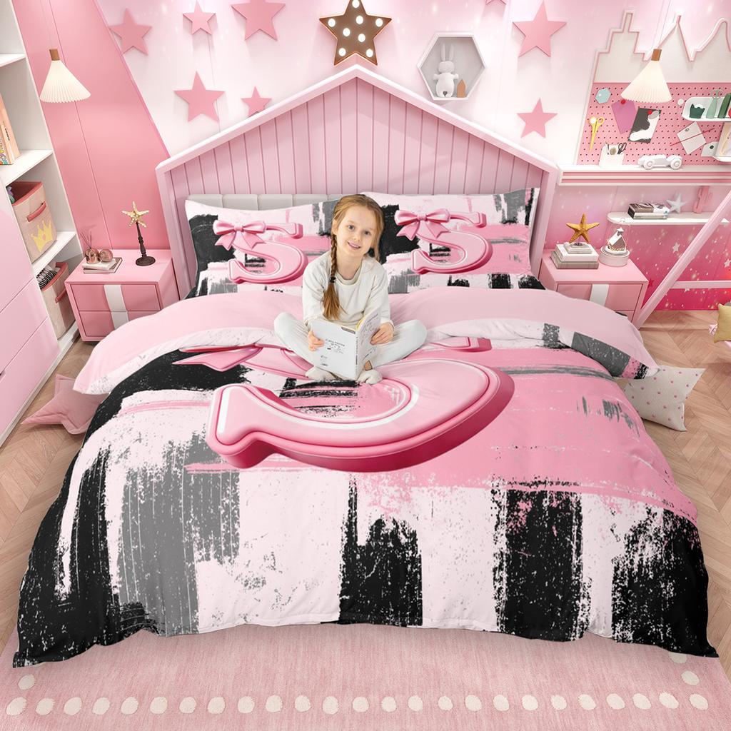 Homewish Girls Bow Monogrammed Duvet Cover Set 2Pcs/3Pcs Black Pink Ombre Bedding Set Personalized Letter A To T Quilt Cover