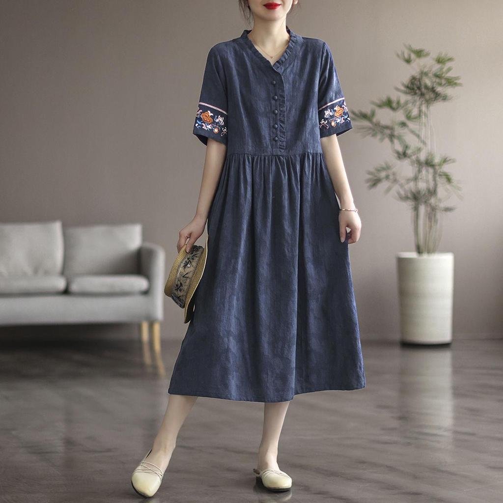 Damska Artystyczna Retro Sukienka z Krótkim Rękawem, Średniej Długości, z Haftowanego Bawełnianego i Lnianego Żakardu, ze Sznurkiem w Talii