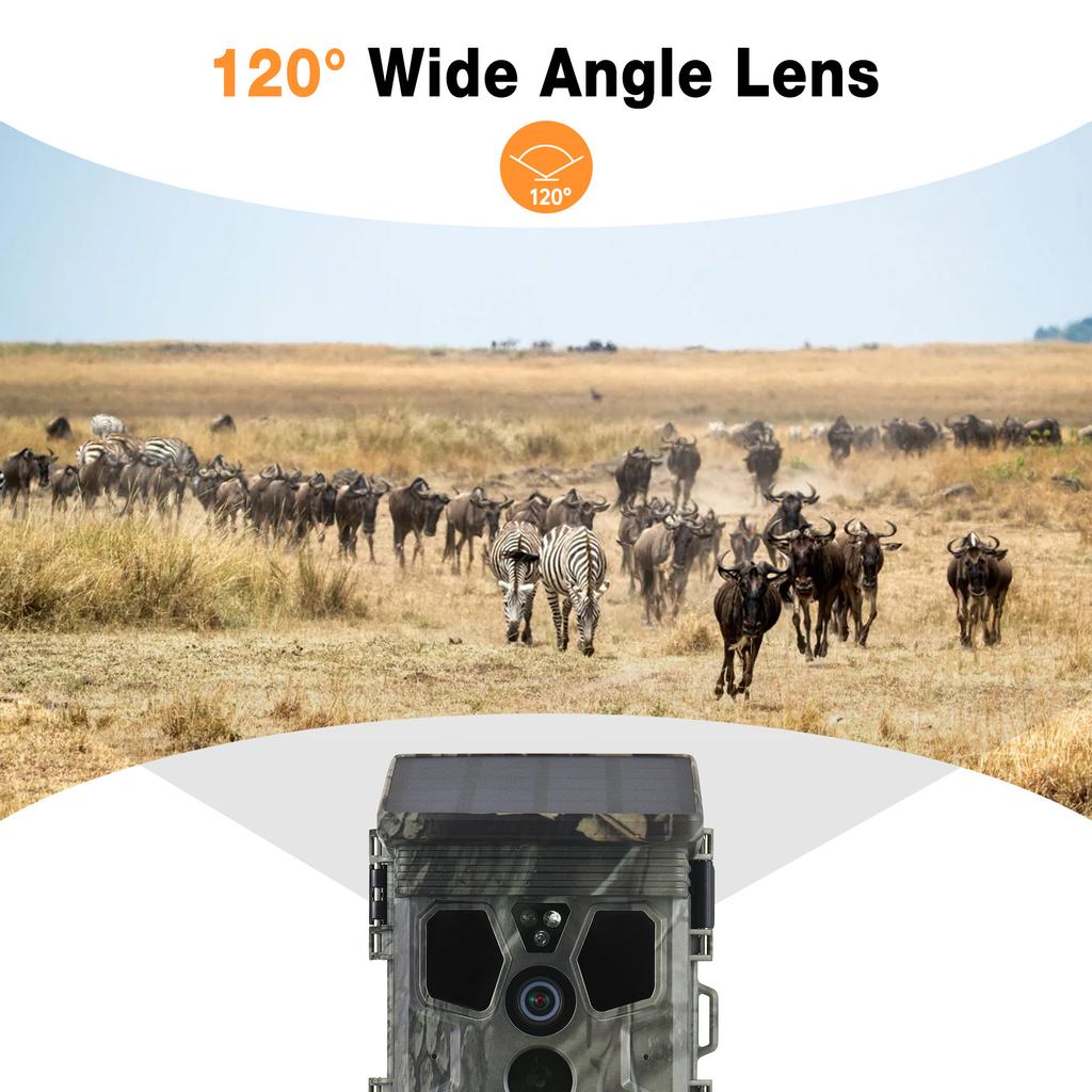 4K 50MP Solar Trail Camera 120 Degrees  Detection Angle Game Camera Night Vision IP65 Waterproof Hunting Camera for