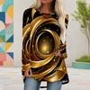 Women Plus Size Round Neck Long Sleeve Black Gold Printed Loose High Low Hem Shirt With Pockets