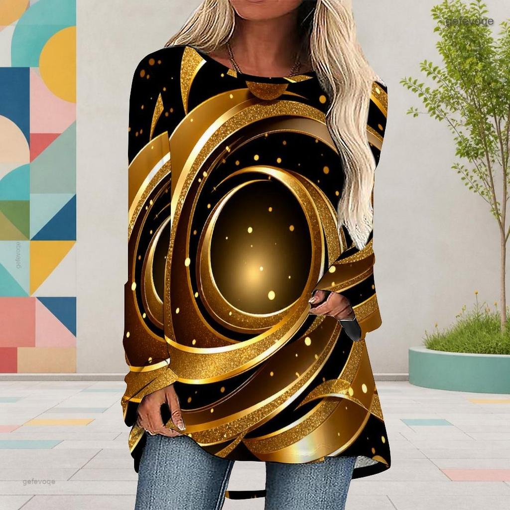 Women Plus Size Round Neck Long Sleeve Black Gold Printed Loose High Low Hem Shirt With Pockets