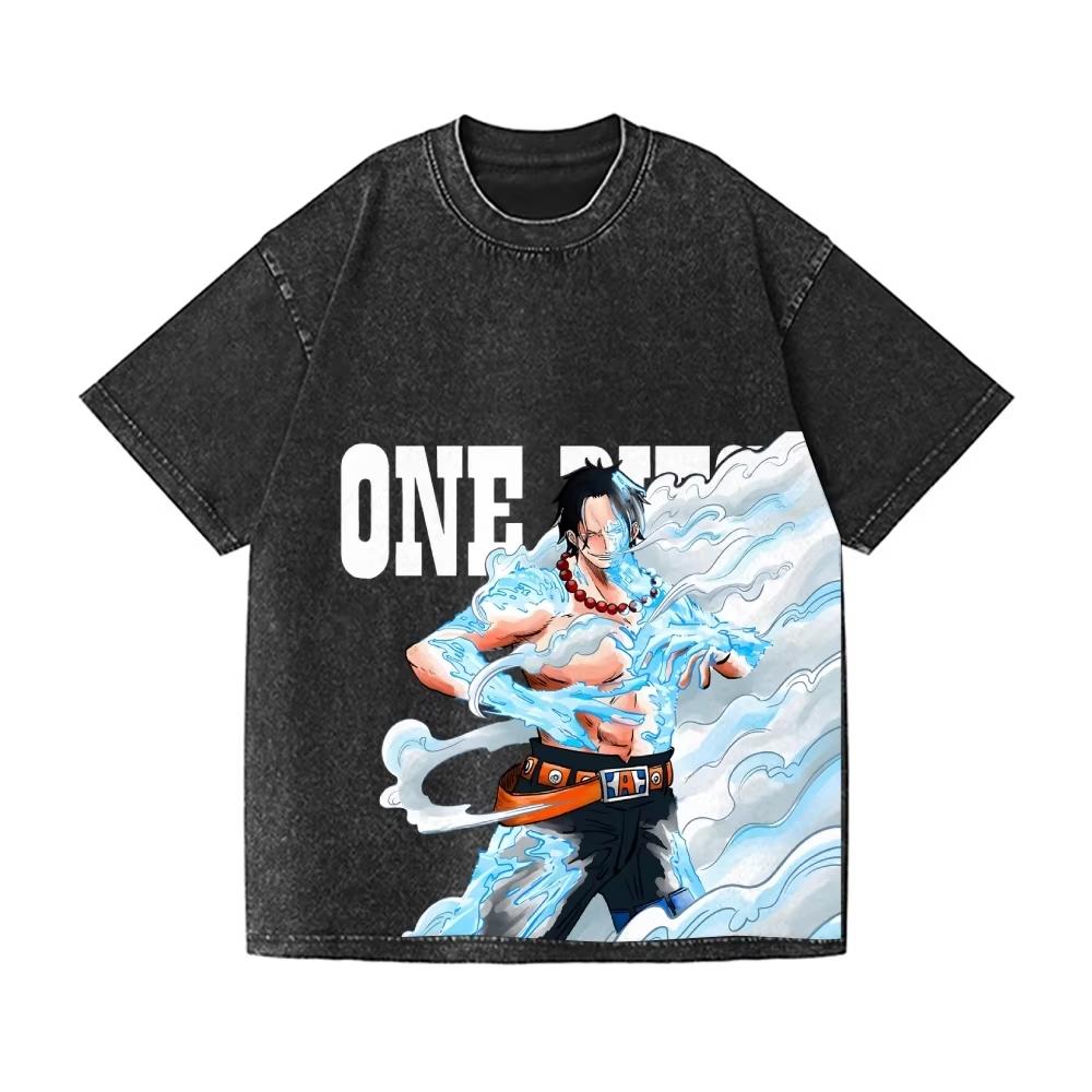 One Piece Ace Vintage Wash Japanese Design TShirt Highquality Streetwear Men and Women Summer New Wash Tees Streetwear