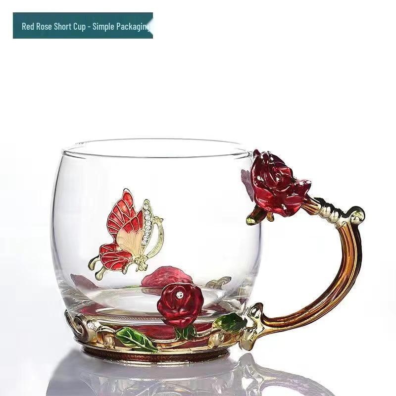 European Enamel Glass Coffee & Tea Cup with Handle - Floral Design, High Appearance Default