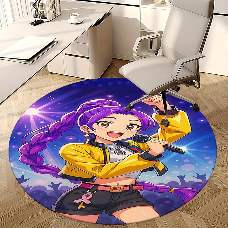 1pc Anime Design Round Carpet - Office Chair Mat with Purple Braid and Pink Ribbon Print, Suitable for Home Decor, Gaming Room