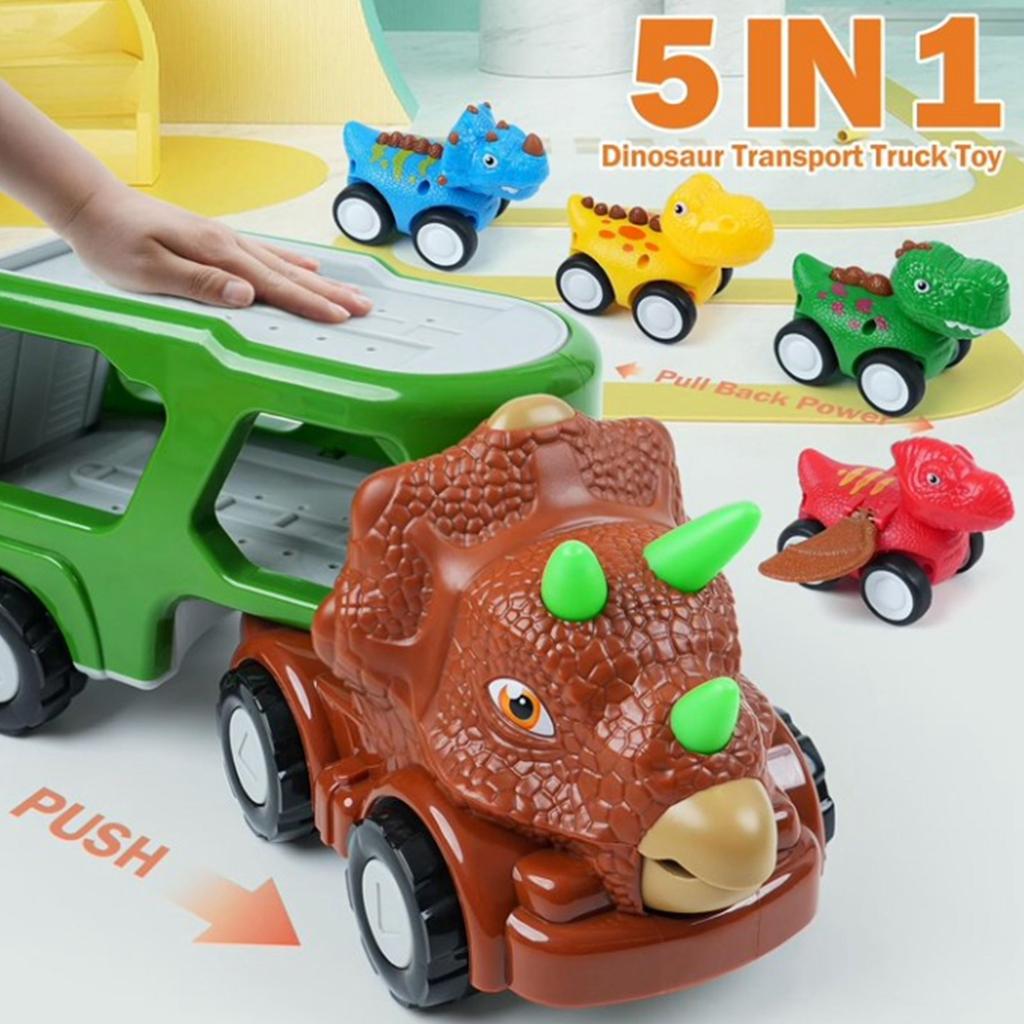 Dinosaur Truck Toy, The Best Birthday Gift For Boys, A Transport Toy Set With Music And Lights, Dinosaur Transport Vehicle, With 4 Wind-up Cars.