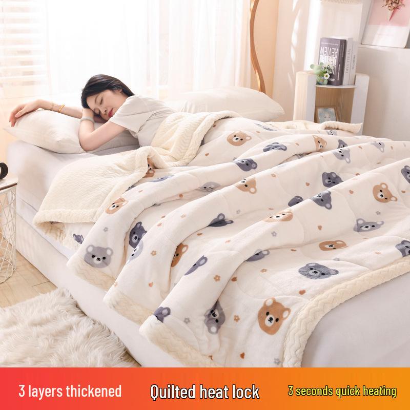 Three-Layer Quilted Milk Velvet Cartoon Blanket - Thick, Machine Washable, Ideal for Autumn/Winter Naps