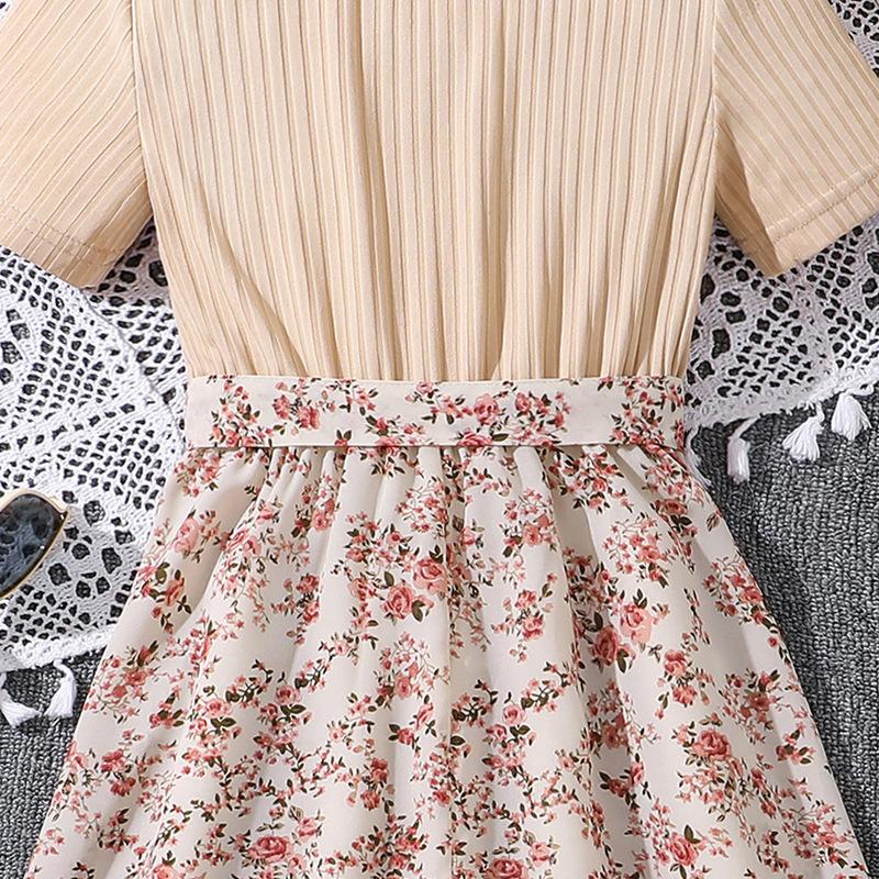 Girls Fashion Dress Summer Children Short Sleeve Patchwork Sweet Floral Dress