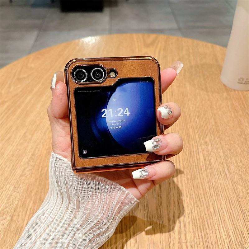 Z Flip 6/5 Phone Case Electroplated Vintage Leather Texture Hinge Cover Shockproof Protector