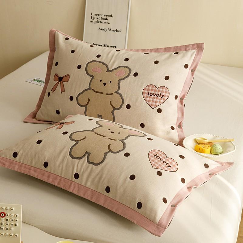 4-Layer Cotton Gauze Pillowcase Set With Cartoon Button Breathable Hotel-Grade Pillow Covers 48x74cm Pair