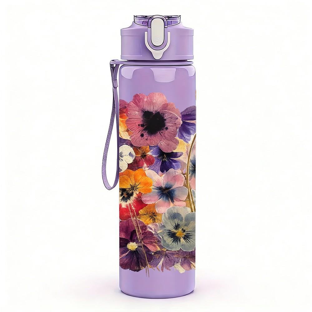 1PC Multicolor Mixed Wildflower Bouquet Print 750ml Color Plastic Sports Water Bottle Leakproof Flip Straw Lid Suitable for Sports Office Home Use