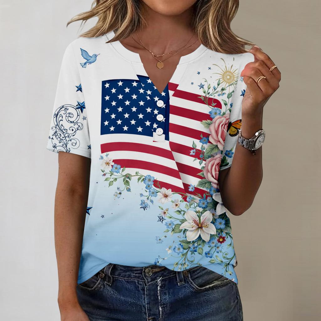 Women's fashionable casual short-sleeved Independence Day print V-neck top