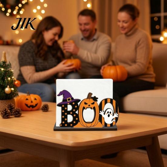 Desktop Holiday Decoration Halloween Wooden BOO Napkin Holder, Cartoon Ghost Pumpkin Witch Hat Paper Towel Ornament Wood Table Centerpiece for