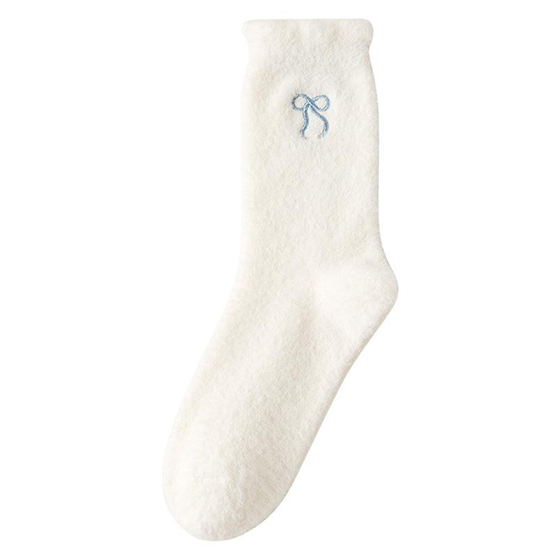 

Белые носки с бантом женские средние носки из австралийского бархата плюшевые утолщенные теплые домашние носки для родов плюшевые носки для пола One Size