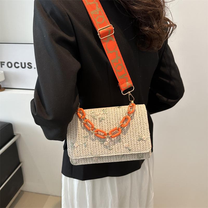 Fashion Straw Woven Bag for Women Lace Flower Crossbody Bag Versatile Small Square Chain Shoulder Handbag