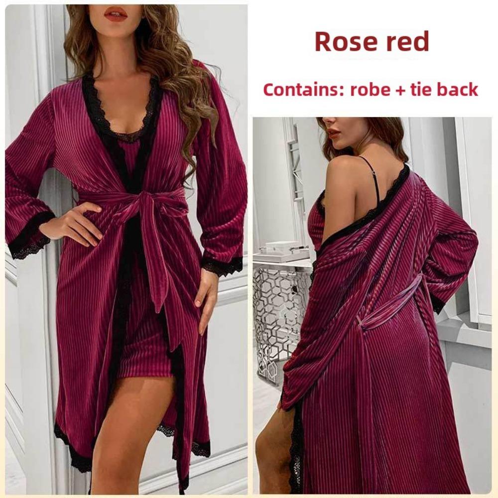Sexy Cardigan Nightgown Golden Velvet Splicing Women's Robe Loungewear