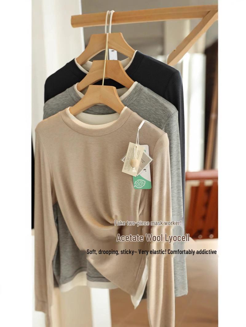 

In-Stock Women s Long Sleeve Color Block Patchwork Round Neck Fake Two-Piece Soft Bullet Mask T-shirt M (80-110)