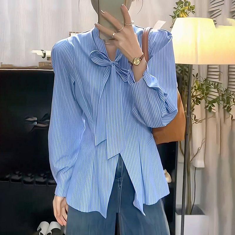 Dámské pruhované modré košile s mašlí, módní halenky s dlouhým rukávem, jarní topy do pasu pro úřednice
