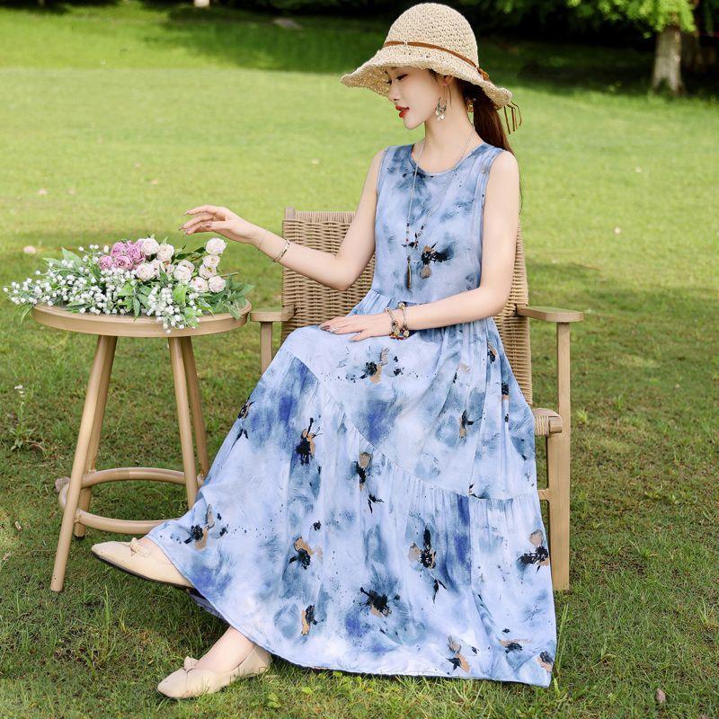 Sommer Fließendes Baumwollkleid Ärmellos Junge Frauen Strand Langes Kleid Urlaubs-Sommerkleid