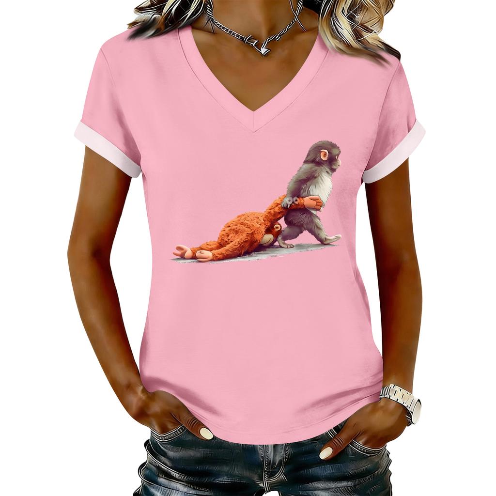 Women's Casual Printed T-Shirt V Neck Pullover Short Sleeve Top